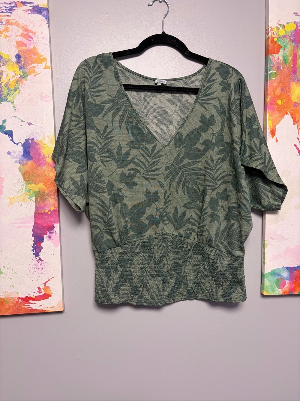 Xl Kismet Olive Green Floral V-Neck Blouse